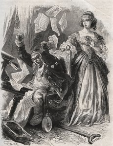 詩人のポール・スカロン（1610-1660）が妻のフランソワーズ・ドービーニュ（当時のマントノン侯爵夫人）の前で怒り、羽毛や本、紙を飛ばした。 作： French School