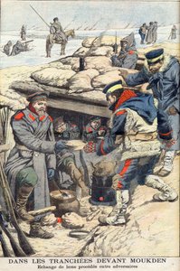 日露戦争、奉天前の塹壕で。食べ物や飲み物を交換する日本軍とロシア軍。奉天の前の塹壕で。対戦相手の間で良いプロセスを交換する。1905年1月22日付「Le petit Journal」の挿絵。