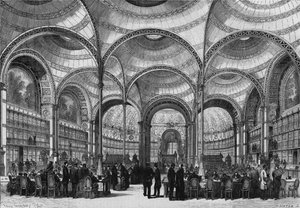 1868年6月13日、建築家ピエール・フランソワ・アンリ・ラブロウステ（1801-1875）が建設したパリ帝国図書館の新しい閲覧室の落成式が行われた。1868年6月27日付の "Le Monde Illustre "585号に掲載された図版。 作： French School