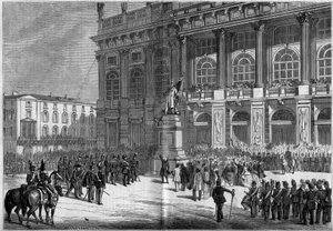 1859年4月10日、トリノ（イタリア）のシャトー広場で行われたVincenzo Vela（1820-1891）によるサルデーニャのモニュメントの落成式。像の後ろには「パラッツォ・マダマ」がある。フェリー氏のスケッチによる。18年4月23日付「Le Monde Illustré」106号に掲載されたエングレーヴィング