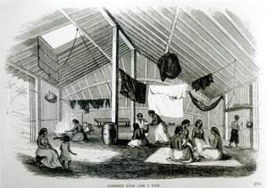 タヒタン小屋の中、ユージーンデレッサート作「Voyages dans Les Deux Oceans」より、1848 作： French School
