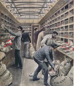 1909年のフランスの郵便ストライキ時のフランスの鉄道郵便貨車の内部、1909年3月28日、ルプティジャーナルからのイラスト 作： French School