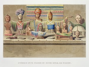 1822年、1823年、1824年、1825年にラコキルでラコルベットデサマジェストの王の騎士団によって実行された、世界一周航海のワイギウ島オファクハーバーのスピリットハウスの内部。 作： French School