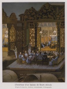 中国の遊覧船、花船の内部（カラーリトグラフ）