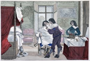 17世紀の理髪師の家の内部 - "Paris through the centuries "にて 作： French School
