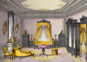 1850年代のフランスの定期刊行物の家具を示すインテリア 作： French School