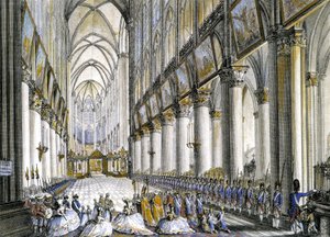 フランス王妃マリー・アントワネット（1755-1793）が、息子のルイ17世（1785-1795）の誕生を祝う有名なミサに出席するために到着した時の、パリのノートルダム寺院の内観。18世紀のエングレーヴィング。 作： French School