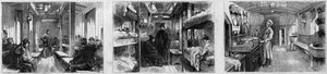 フランスのSociete de secours aux wesses militairesの医療列車の救急車ワゴンとキッチンワゴンの内観。1873年6月28日付の "Le Monde Illustré "846号に掲載されたエングレーヴィング。 作： French School