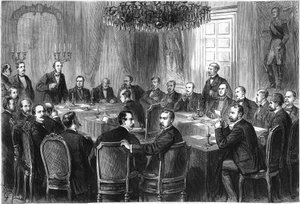 1874年7月から8月にかけてブリュッセルで開催された国際戦争会議：ヨーロッパ15カ国の代表者が集まり、「戦争の法則と慣習に関する国際宣言」の草案を討議。9月5日付「Le Monde Illustré」No.908に掲載された図版 作： French School