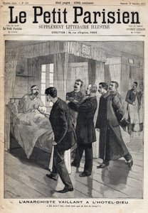 ホテル・デューで行われた無政府主義者Auguste Vaillant（1861-1894）の尋問で、12月9日に犯した攻撃を告白。 作： French School