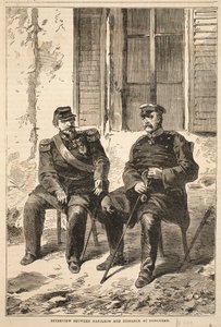 ドンチェリーでのナポレオンとビスマルクのインタビュー、1870年から1871年のフランスとドイツの間の戦争のカッセルの歴史からのイラスト