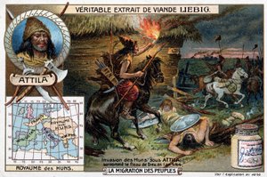 444年、神の災いの異名を持つアッティラ率いるフン族の侵攻 - リービッヒの広告ヴィネット 作： French School