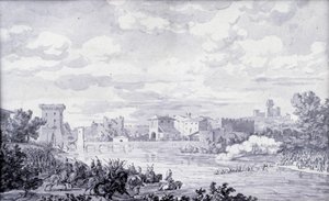 イタリアの田園地帯：1796年、ミンチオ川をボルゲットへ抜けるフランス軍。匿名のデッサン。パリ、ルーヴル美術館 作： French School