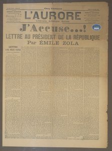 1898年1月13日、LAuroreで発行されたEmile Zola（1840-1902）によるJAccuseの手紙（印刷） 作： French School