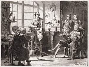ジェームズ・ワット（1769年に蒸気機関を発明）のグラスコウの店にて。 作： French School