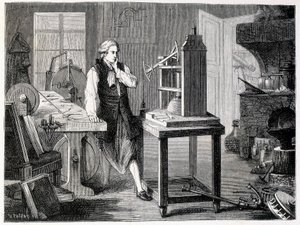 ニューコメンの機械を研究するジェームズ・ワット（1767年） - 1896年の「科学のアルバム：著名な学者たち、偉大な発見」より 作： French School