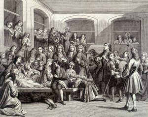 ジャンセニスム：「奇跡」が起きたパリエス助祭（1690 - 1727）の墓の上にあるサン・メダール墓地のコンヴァルショナリーズ。18世紀のプリント。 作： French School