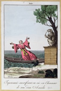 アミダ神に敬意を表して彼の人生を犠牲にする日本人男性、1811年（カラーリソ 作： French School