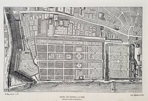 1652年のチュイルリー公園（ゴンブーストの設計図に基づく） - H. Gourdon de Genouillac, ed. F Roy, "Paris a travers les siècles "にてF. Roy, Paris 作： French School