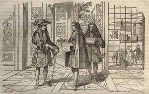 ジャン・バティスト・コルベール（Jean-Baptiste）（1619-1683）がヴェルサイユでルイ14世とフランソワ・ルヴォワ（1641-1691）と会談している様子 - ルクレールの後に彫られている - 。 作： French School