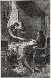 Jean Chapelain (1595-1674) フランスの詩人・文芸評論家、Pierre Costar (1603-1660)がJean Baptiste Colbert (1619-1683)に国王から年金をもらうに値する作家のリストを渡した-Louis Dumas 18の "Les Hommes Celebres de la France "に掲載されている彫刻。 作： French School