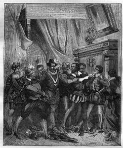 1594年12月27日にフランス王アンリ4世を暗殺しようとした後のジャン・シャステル（Jean Chatel）（1575-1594）。19世紀のエングレーヴィング。 作： French School