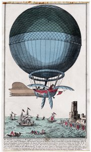 1月7日、熱気球で英仏海峡を渡り、カレーに到着したJean Pierre Blanchard (1753 - 1809) と John Jefferies (1745 - 1819) 作： French School