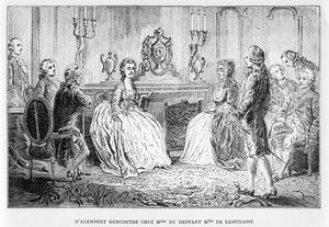 ルイフィギエ作のヴィーデサバントイラストからのMme du DeffantとMlle de LespinasseのサロンでのJean le Rond dAlembert