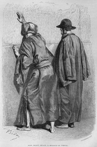 今日シリアからの嘆きの壁でのユダヤ人男性。フェニシア、レバノン、ユダヤへの旅。 1884年、ルイシャルルエミールロルテの1875-1880（bw彫刻）
