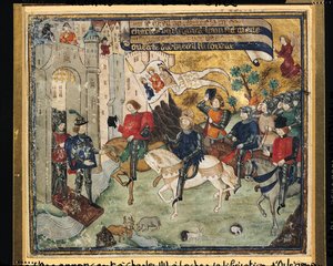 ジャンヌダルク（1412-31）チャーチ7世（1403-61）へのオルレアンの解放をロシュで発表 作： French School