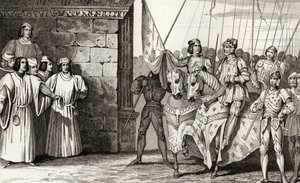 ジョアンオブアーク（1412-31）が1429年にレームスに到着し、1840年に出版されたコラートの「フランスの歴史」からのチャールズ7世（1403-61）の戴冠式に出席します。 作： French School
