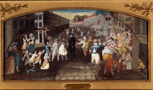 パリの街角で見かけたジョークサン・アントワーヌ通り- "Les farces des rues de Paris: la rue du faubourg Saint Antoine a Paris" 通行人、大人も子供も、楽しませたり喧嘩したり。背景にはバスティーユ監獄が見えます。絵画(for de 作： French School