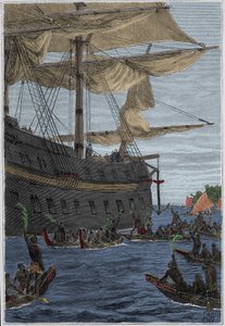 サミュエル・ウォリス（1728-1795）のポリネシアへの旅：バナナの枝を手にして歓迎の挨拶をする先住民 - 図版は "The Great Mariners of 18th century "から引用。 作： French School