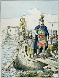 身代金を要求した海賊を罰するために出発するジュリアス・シーザー（カラーリトグラフ 作： French School