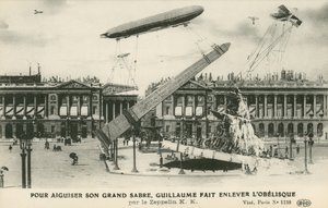 ツェッペリンでパリからオベリスクを撤去するイメージのカイザー・ウィルヘルム2世（リトグラフ 作： French School