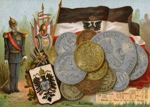 プロイセン王国の旗の横に立っているカイザーヴィルヘルム1世とドイツのドイツマークの展示、1890年頃
