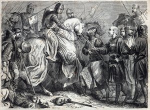 アラゴン王アルフォンソ5世（v.1396-1458）がナポリ王国を征服する。モーリス・ラシャトレ著「ローマ教皇の歴史（...）世紀を超えた女王王と皇帝の犯罪」に掲載されている図版 作： French School