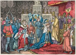 国王シャルル7世（1403-1461）が1429年7月17日にランスのカテドラルでジョアン・オブ・アーク（1412-1431）の立ち会いのもと王冠を受け取る - ジョアン・オブ・アークが1429年7月17日にランスで行われたシャルル7世の戴冠式に参加 - 19世紀末のエングレーヴィング 作： French School