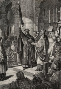 国王ルイ7世（1120年～1180年）は、アキテーヌ王妃アリエノールの立ち会いの下、サン・ドニ大聖堂でオリフレームを手にし、出発前に教皇ウジェーヌ3世(? -1153)の手からマルハナバチとペレリンのパンネティエールを受け取る。 作： French School