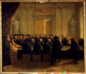 国王ルイ14世（1638-1715）は、1672年2月から4月にかけて、自らがフランス首相の職に就いている間、国務参事官と依頼主の前で印章を手にしています。17世紀 日1,10 x 1,28 m