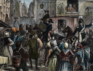 神殿に連れて行かれた国王ルイ16世とその家族（カラー図版 作： French School