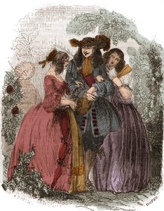 フランス王ルイ14世（1638-1715）とオルタンス・マンシーニ（1646-1699）とその妹マリー・マンシーニ（1639-1715）。マザランの姪たち。19世紀のエングレーヴィング。 作： French School