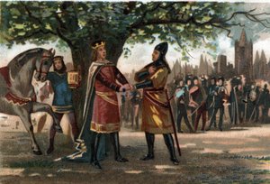 フランス王フィリップ・アウグストゥス（1165-1223）は、オリフラーム号攻略の際、サン・ドニでリチャード獅子心中の人に会った。1890年頃のクロモリトグラフ。 作： French School