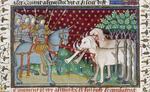 「シュルーズベリー・タルボット・ブック・オブ・ロマンス」からの象を攻撃する騎士、1445年頃（ベラム） 作： French School
