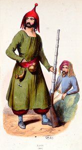 クルド人の戦士、1840年頃（カラー彫刻） 作： French School