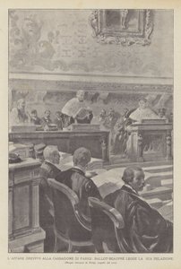 ドレフュス事件のパリ裁判での判決、報告書を読むバロット＝ボープレ（リトグラフ 作： French School