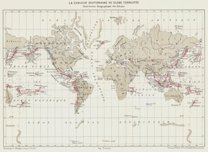 地球の地下熱、火山の地理的分布（カラーリトグラフ） 作： French School