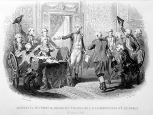 ラ・ファイエット（ラファイエット）がパリ市にコカールのトリコロールを献上（1789年8月31日） - "Fastes de Gardes nationales de France "にて 作： French School