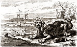 ラ・フロンド（1648-1653）：蛇の毛を持つ怪物的な動物で、人間の死体や骸骨の上に立っている。