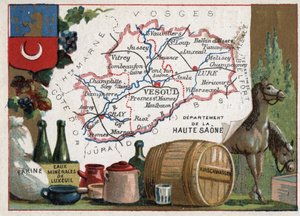 フランス、フランシュ・コンテ（Franche Comte）のLa Haute-Saone（Haute Saone、70）。小麦粉、リュクスイユ・ミネラレス、キルシュワッサー（キルシュ）。フランスのデパートメントに関するシリーズ。クロモリ（Chromo）「地理的な糸」、1920年頃。個人のコレクション。 作： French School